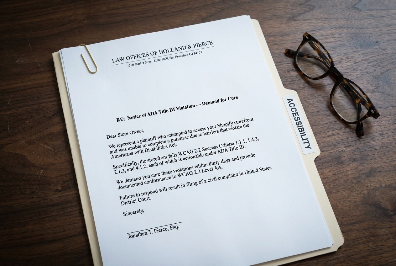 ADA Title III demand letter on a desk beside a manila accessibility file &mdash; the scenario Paperfort's audit documentation is designed to answer.