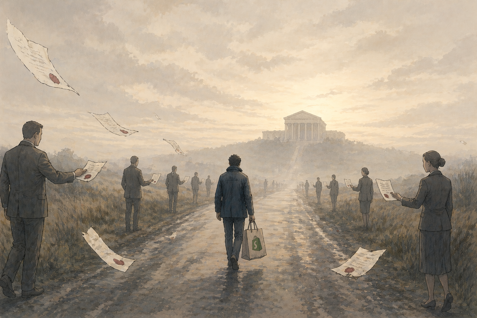 A lone Shopify merchant walks down a gravel road toward a federal courthouse at dusk, flanked by figures handing out sealed demand letters.
