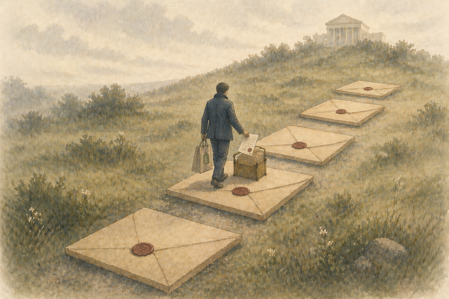 A winding path of five folded-paper stepping stones, each sealed with burgundy wax, curves through sage-green fields toward a gentle rise.