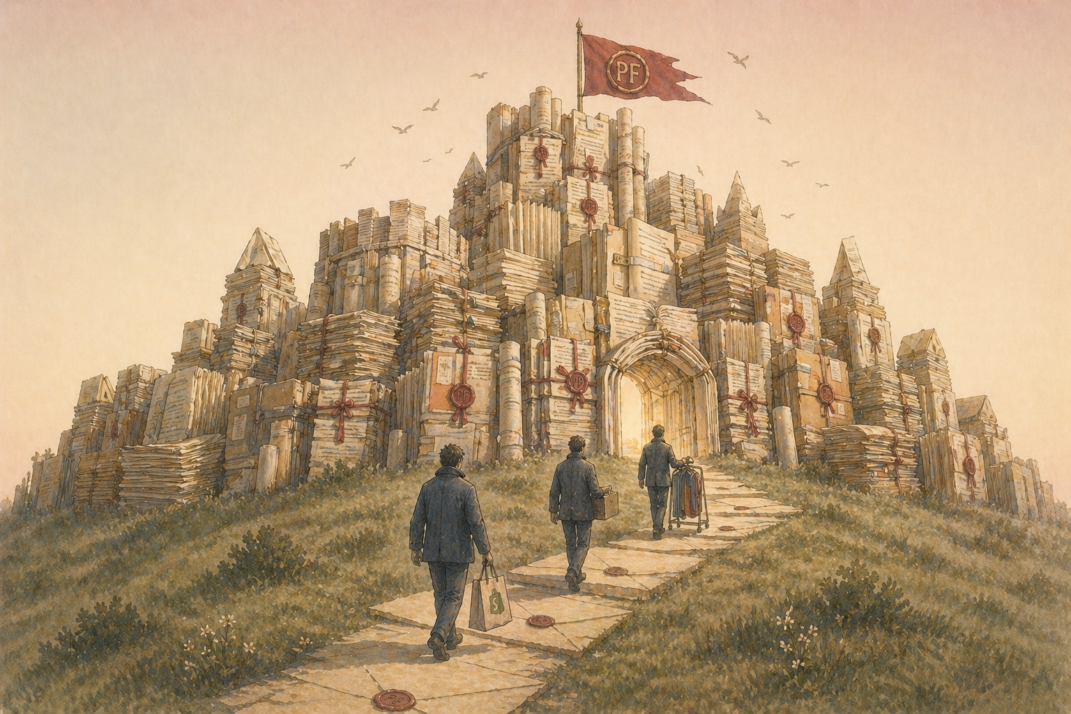 A towering fort constructed entirely of folded paper scrolls, wax-sealed manila folders, and legal-size sheets rises from the mist. A burgundy banner on the tallest turret bears the letters PF.