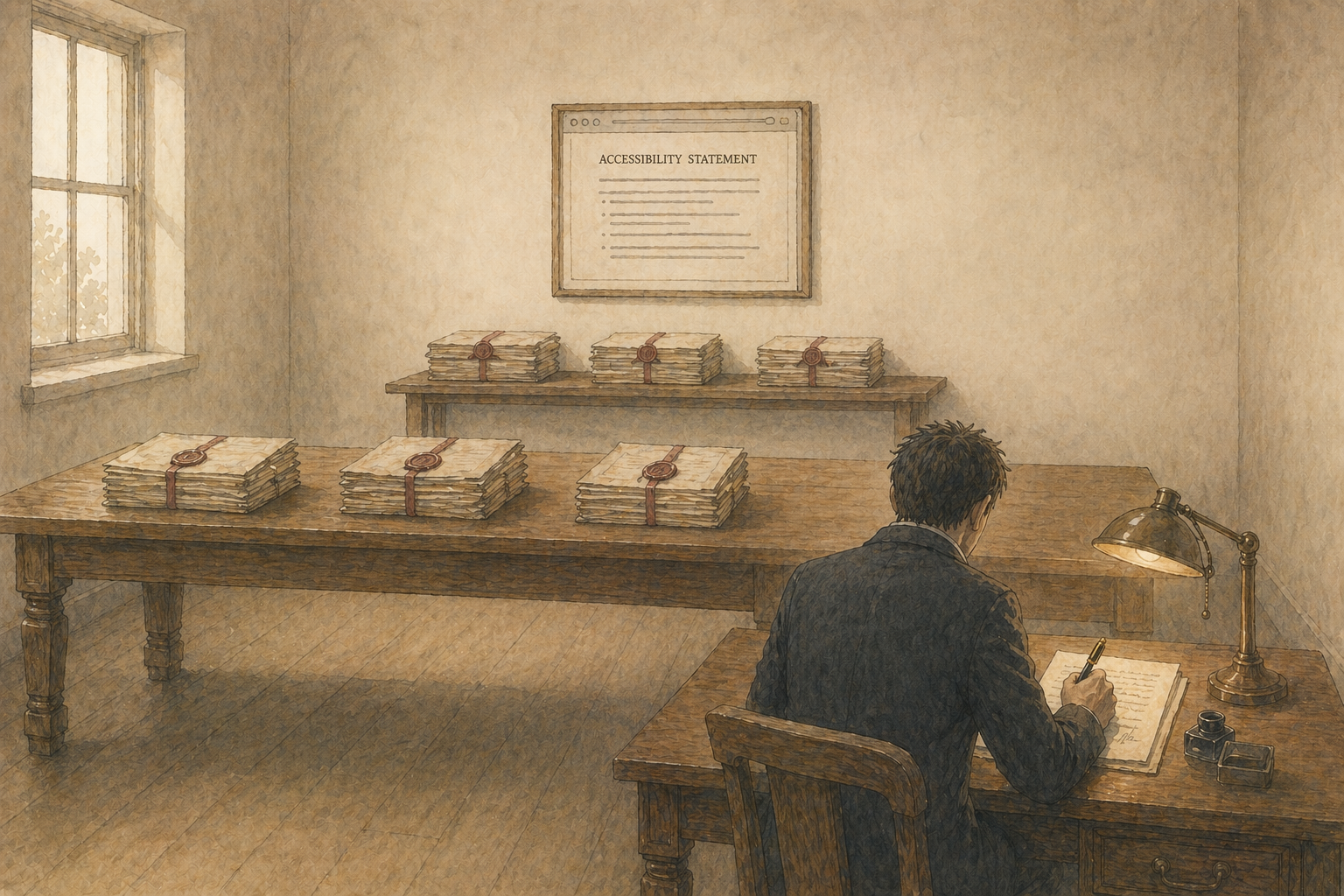 Interior of Paperfort. A long oak table lined with completed audit bundles, each bound with burgundy ribbon and sealed with wax. A founder signs a document at a smaller desk.
