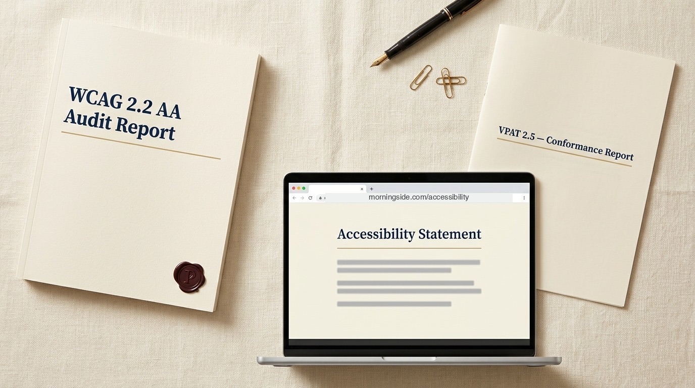 The three Paperfort deliverables: Shopify VPAT 2.5, WCAG 2.2 AA audit report, and accessibility statement.